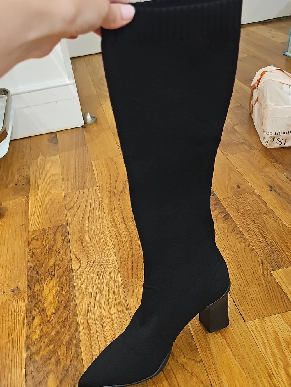 Black Over-the-Knee Stretch Sock Boot with Block Heel